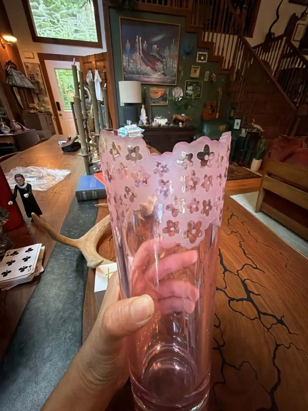 Galway Irish Crystal Pink Frosted Flower Etched Scalloped Vase